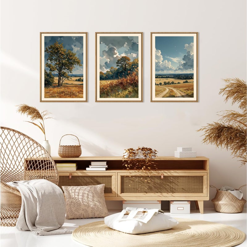 KAIRNE Farmhouse Landscape Wall Art Set of 3, Nature Country Scenery Art Prints, Blue Vintage Watercolor Wall Decor, Rustic Wilderness Paintings for Living Room, Bedroom, Office, 16x24 Inch - Image 5