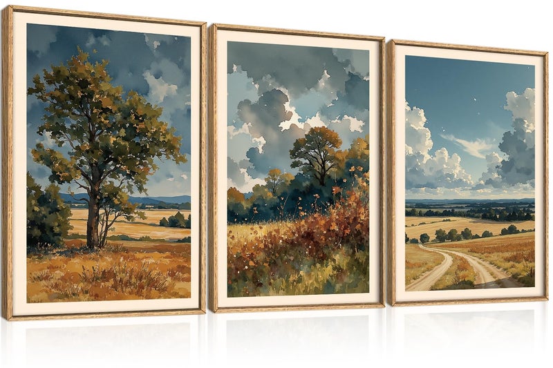 KAIRNE Farmhouse Landscape Wall Art Set of 3, Nature Country Scenery Art Prints, Blue Vintage Watercolor Wall Decor, Rustic Wilderness Paintings for Living Room, Bedroom, Office, 16x24 Inch - Image 1