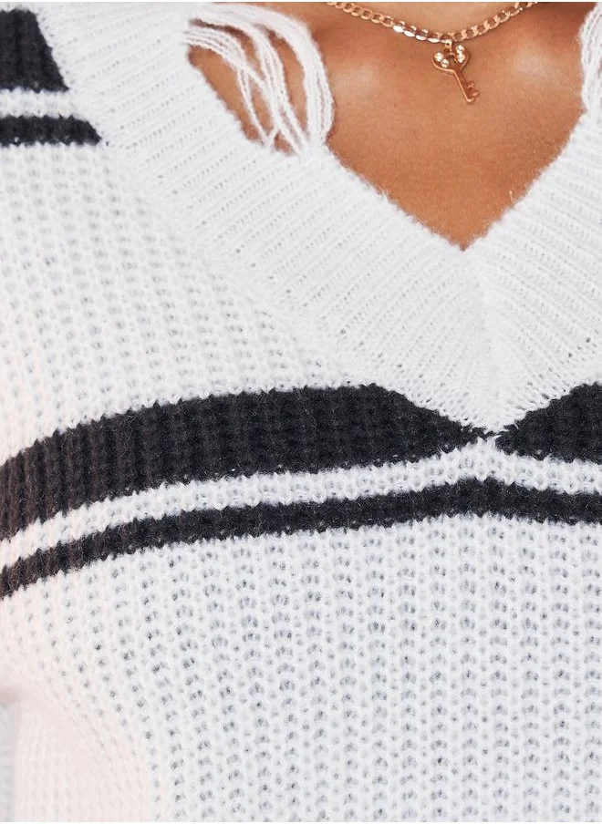 Styli Wide Striped Distressed V Neck Sweater