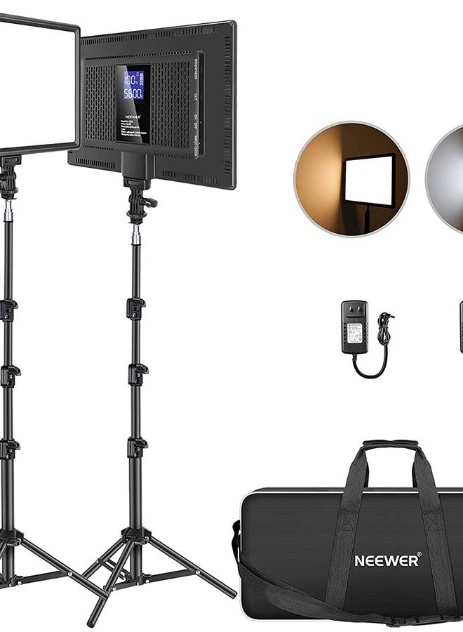 Neewer 13" Led Video Light Panel Lighting Kit, 2-Pack Dimmable Bi-Color Soft Lights with Light Stand, Built-in 8000mAh Battery, 3200K~5600K CRI 95+ 2400Lux for Game/Live Stream/YouTube/Photography