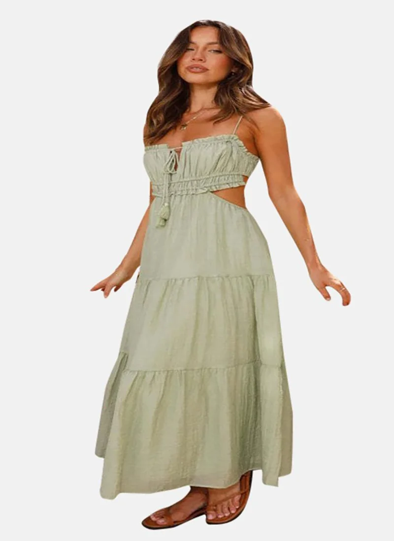 يونيكي Olive Green Tie-ups Details Tiered Maxi Dress