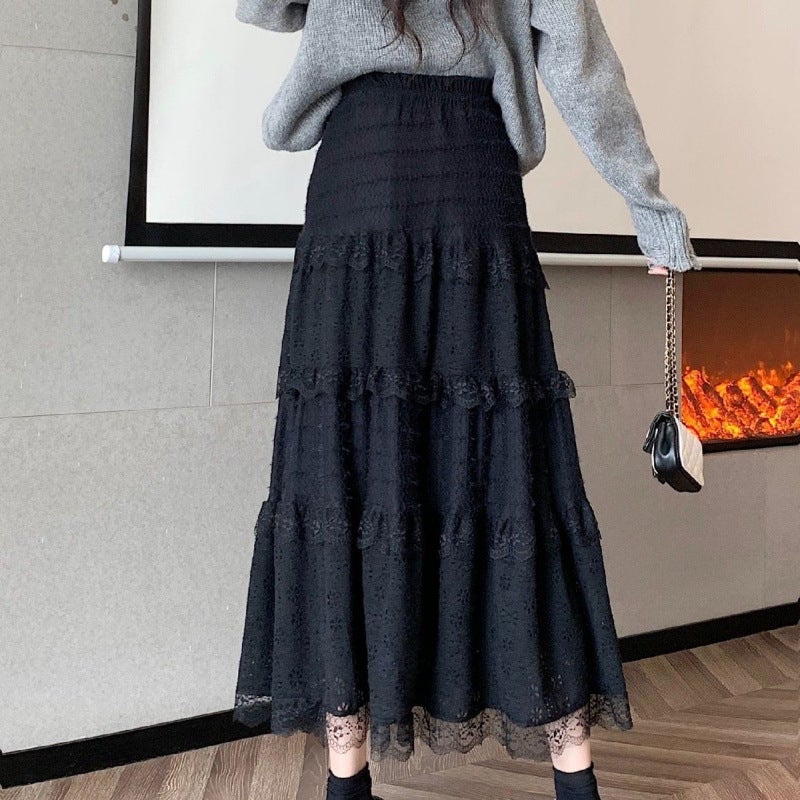 French Autumn and Winter fleece-lined Thickened Warm Lace Cake New High Waist Stitching Slimming Skirt Long Skirt Black spring and autumn style