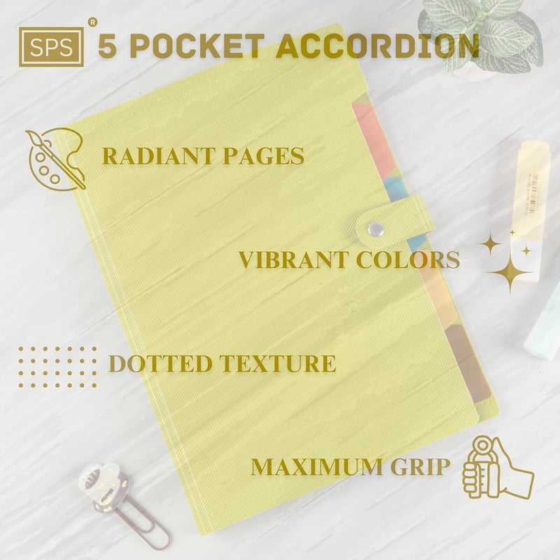 sps محفظة ملفات قابلة للتوسع بـ 5 جيوب - تناسب مستندات بحجم A4 وحجم الرسالة، حافظة ملفات، حامل ملفات للاستخدام في المكتب والمدرسة والمنزل - أصفر - Image 3