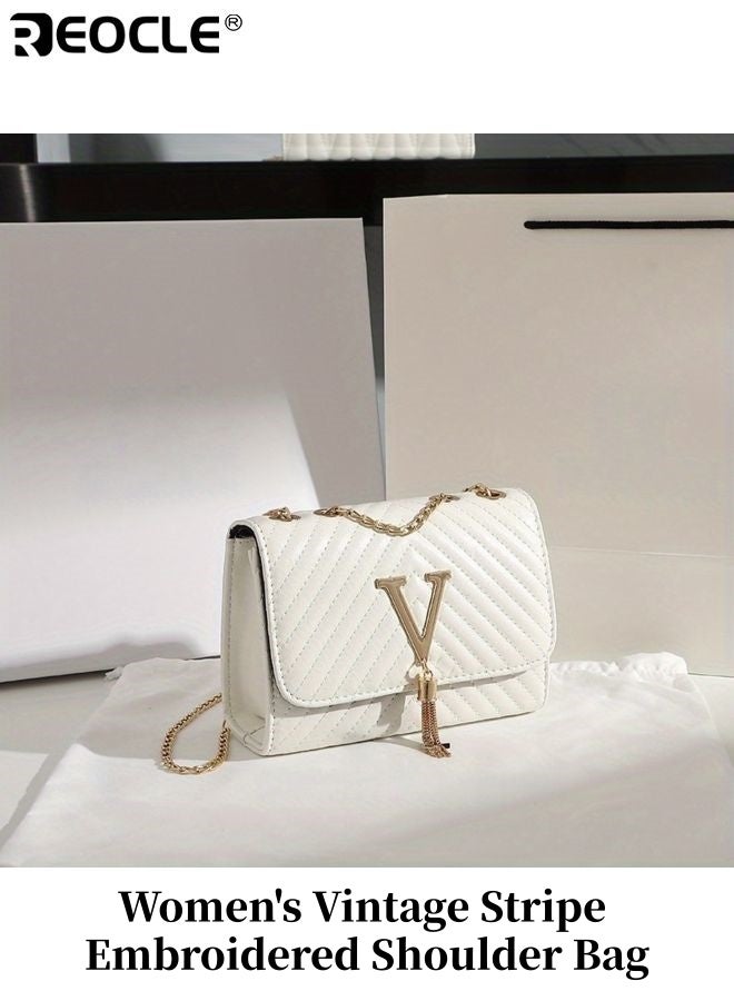 REOCLE Women's Vintage Stripe Embroidered Shoulder Bag with V-Shape Fringe Detail Bohemian Crossbody Purse with Adjustable Strap for Casual Daily Use - Image 1