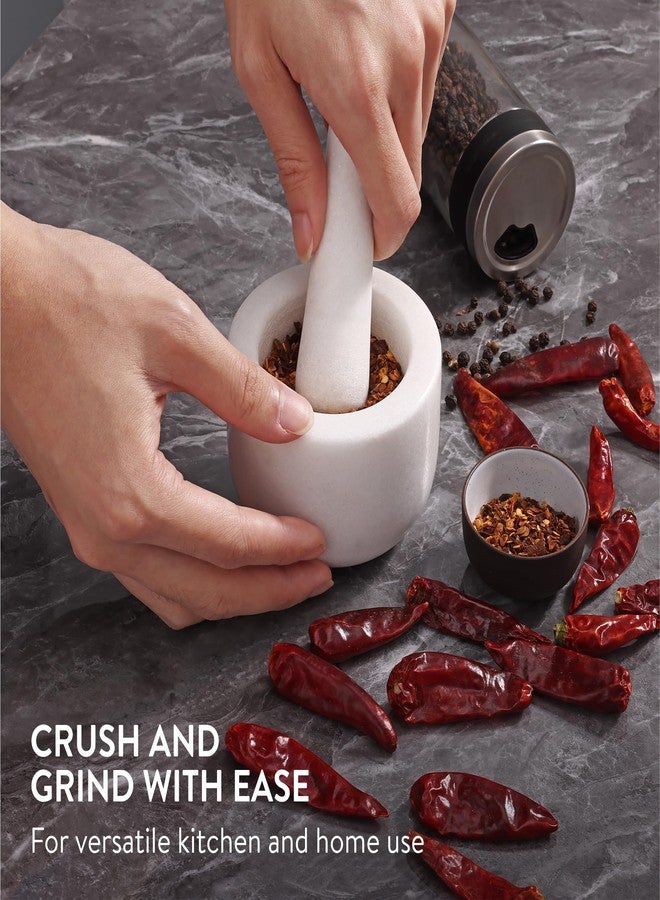 Navaris Mortar and Pestle Set - White Marble Mini Pestle and Mortar Bowl - Stone Grinder for Spices Garlic Nuts Herb Pesto - Small 3.3" (8.5cm) Diameter - Hand Grinding for Kitchen - Image 2