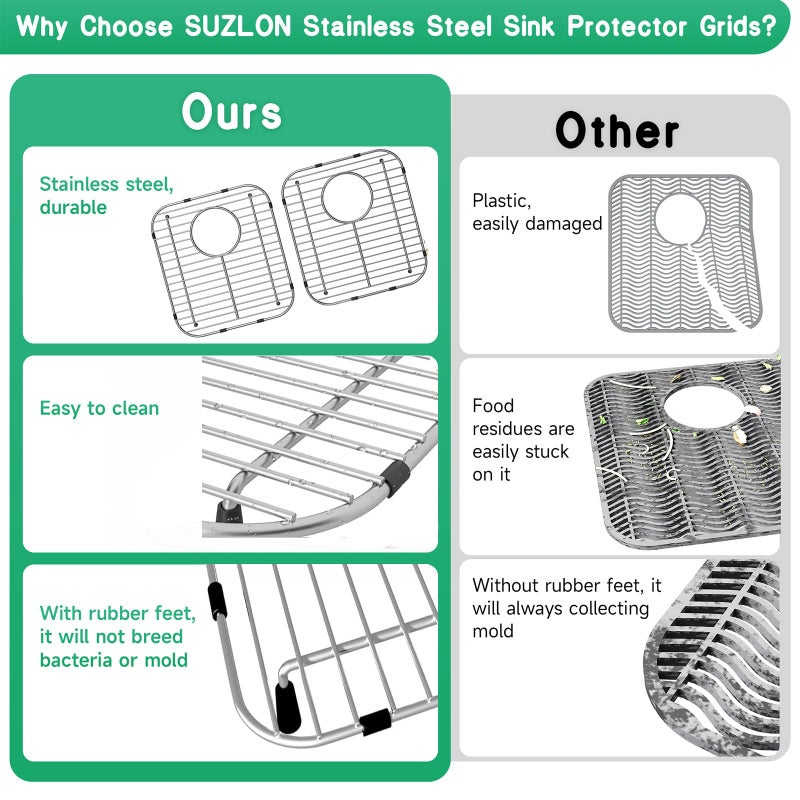 SUZLON 2Pack Stainless Steel Kitchen Sink Grid,13.2" x 11.6" x 1.2" Sink Protectors With Rear Drain Hole,Sink Rack for Bottom of Sink, Anti-rust Metal Sink Bottom Grid With 2Pack Sink Strainers - Image 4