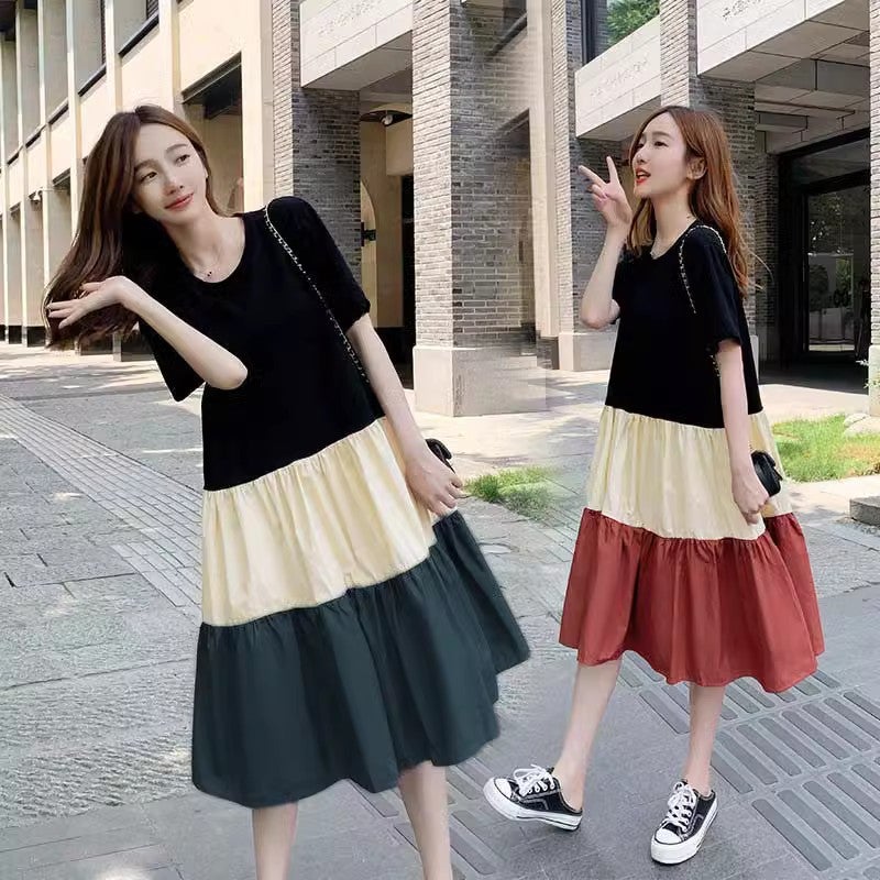 Maternity Summer Splice Loose A-Line Dress 718# Red  - Image 2