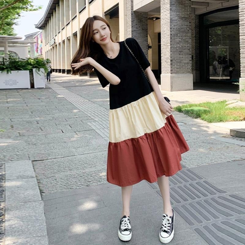 Maternity Summer Splice Loose A-Line Dress 718# Red  - Image 5