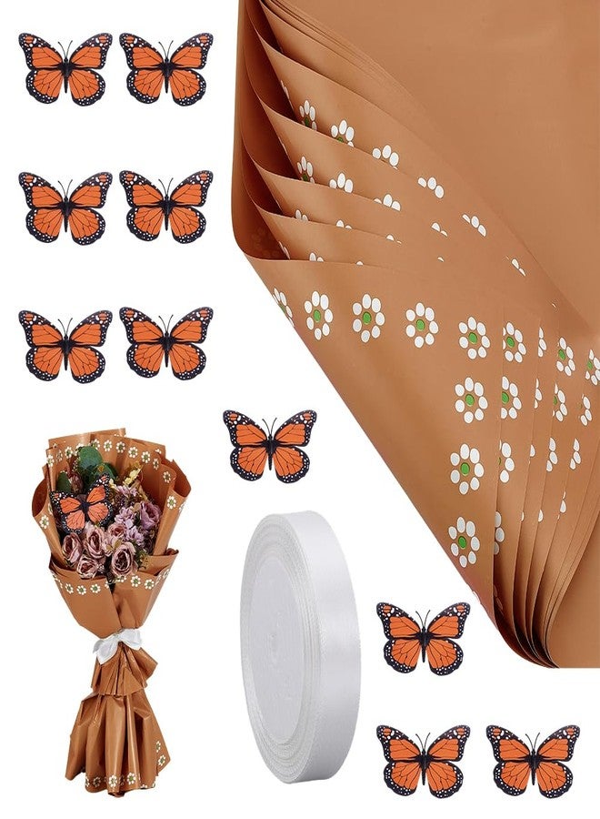 AHANDMAKER 25 Sheet Mexican Flower Wrapping Paper with 10 Monarch Butterfly Waterproof Floral Bouquet Wrapping Paper for DIY Flower Bouquet Wedding Birthday Party Gift Packaging Florist Mother's Day Supplies Cinco de Mayo - Image 1