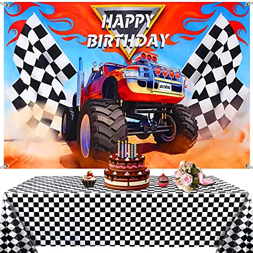 Irenare Monster Truck Party Supplies Include 1 Piece Monster Truck Backdrop 1 Piece Plastic Checkered Flag Tablecloth Happy Birthday Backdrop Picnic Table Cover for Party - Image 1
