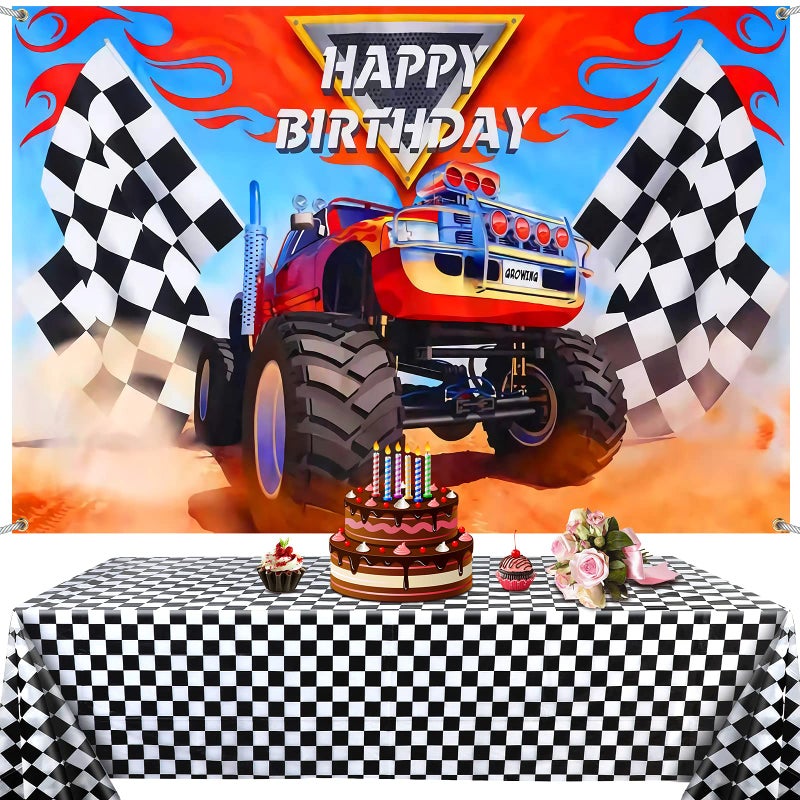 Irenare Monster Truck Party Supplies Include 1 Piece Monster Truck Backdrop 1 Piece Plastic Checkered Flag Tablecloth Happy Birthday Backdrop Picnic Table Cover for Party - Image 2