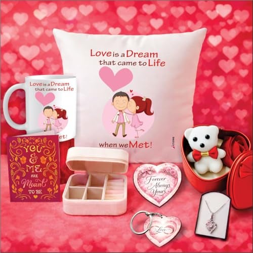 PICRAZEE Romantic Gift Combo (Cushion+Filler, Mug, Teddy-Roses in Metal Box, K-Ring, F-Magnet, G-Card, Jewelry Box, Heart Pendant) Perfect Love Gift - Image 1