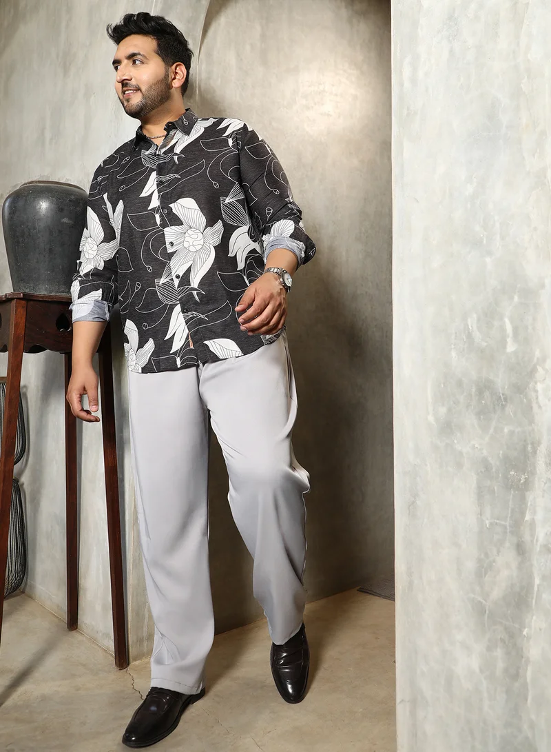 Instafab Plus  Instafab Plus Men's Charcoal Black Airy-Bloom Shirt For Casual Wear | Spread Collar | Long Cuffed Sleeves | Button Closure | Plus Size Shirt Crafted With Comfort Fit For Everyday Wear for Men | Best Price UAE
