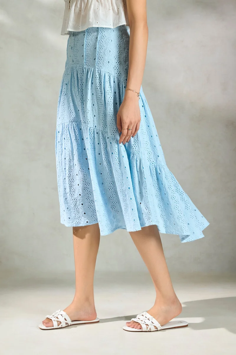 Virgio Virgio Schiffli Pure Cotton Tiered Midi Skirt