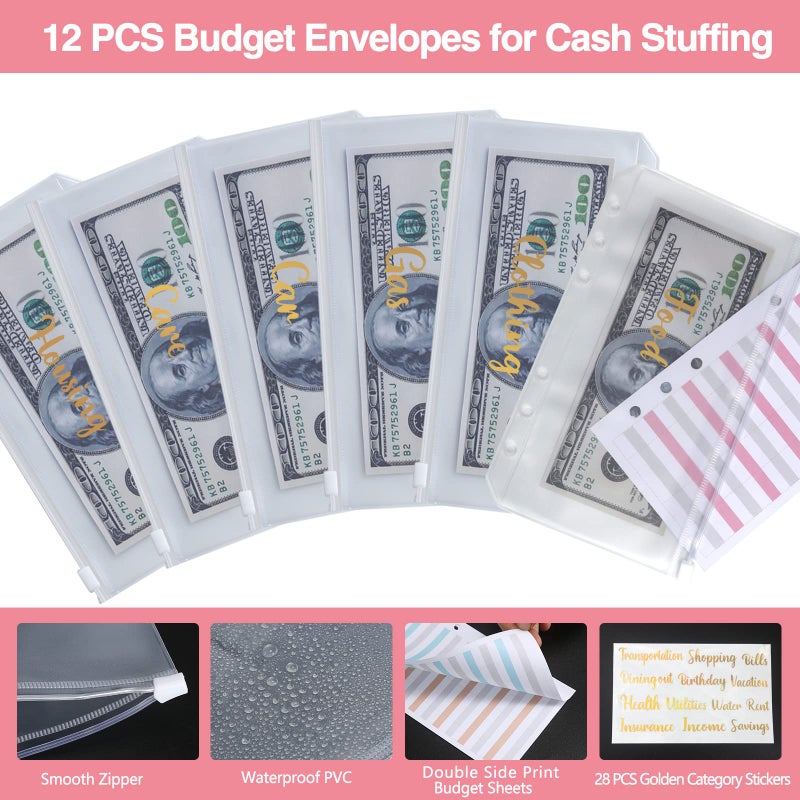 ONEDONE Budget Binder with Zipper Envelopes,A6 Money Organizer for Cash with 12PCS Cash Envelopes,12PCS Budget Sheets, 28 PCS Categories Sticker Labels for Budgeting(Pink) - Image 4