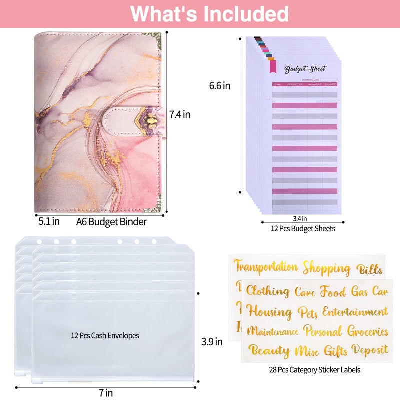 ONEDONE Budget Binder with Zipper Envelopes,A6 Money Organizer for Cash with 12PCS Cash Envelopes,12PCS Budget Sheets, 28 PCS Categories Sticker Labels for Budgeting(Pink) - Image 3