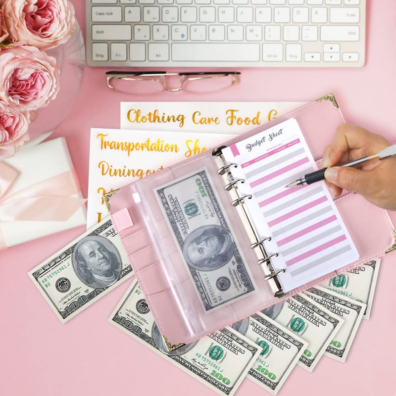 ONEDONE Budget Binder with Zipper Envelopes,A6 Money Organizer for Cash with 12PCS Cash Envelopes,12PCS Budget Sheets, 28 PCS Categories Sticker Labels for Budgeting(Pink) - Image 5