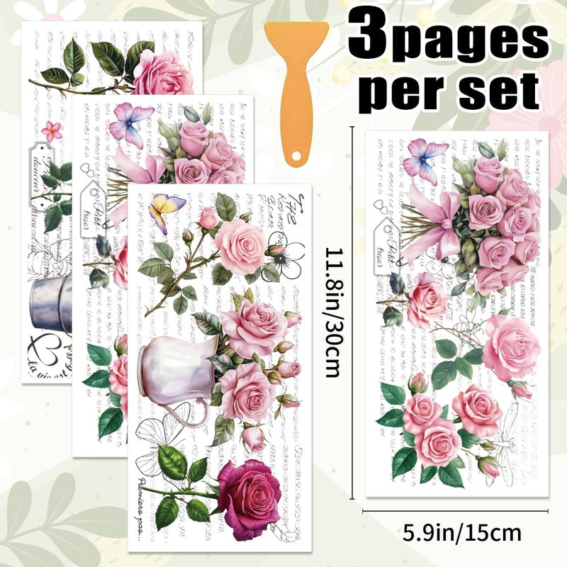 BEUNITONE 3 Sheets Rub on Transfers for Crafts and Furniture,Vintage Floral Rose Flowers,Cold IOD Transfers Stickers,Rub on Transfer Stickers for Wood,Paper,Glass,Desk,DIY Home Decor(11.8x5.9 Inch) - Image 2