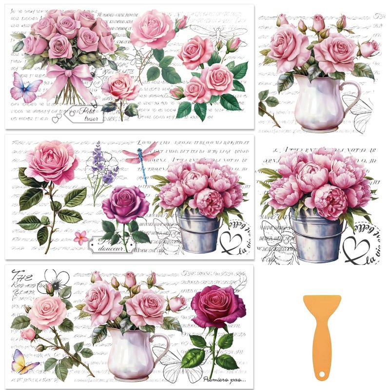 BEUNITONE 3 Sheets Rub on Transfers for Crafts and Furniture,Vintage Floral Rose Flowers,Cold IOD Transfers Stickers,Rub on Transfer Stickers for Wood,Paper,Glass,Desk,DIY Home Decor(11.8x5.9 Inch) - Image 1
