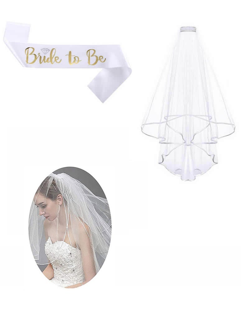 Women Bride To Be Printed Sash With Shoulder Length Veil Party Set，for Wedding Bridal Shower Engagement Party Favors BachParty Decorations  - Image 1