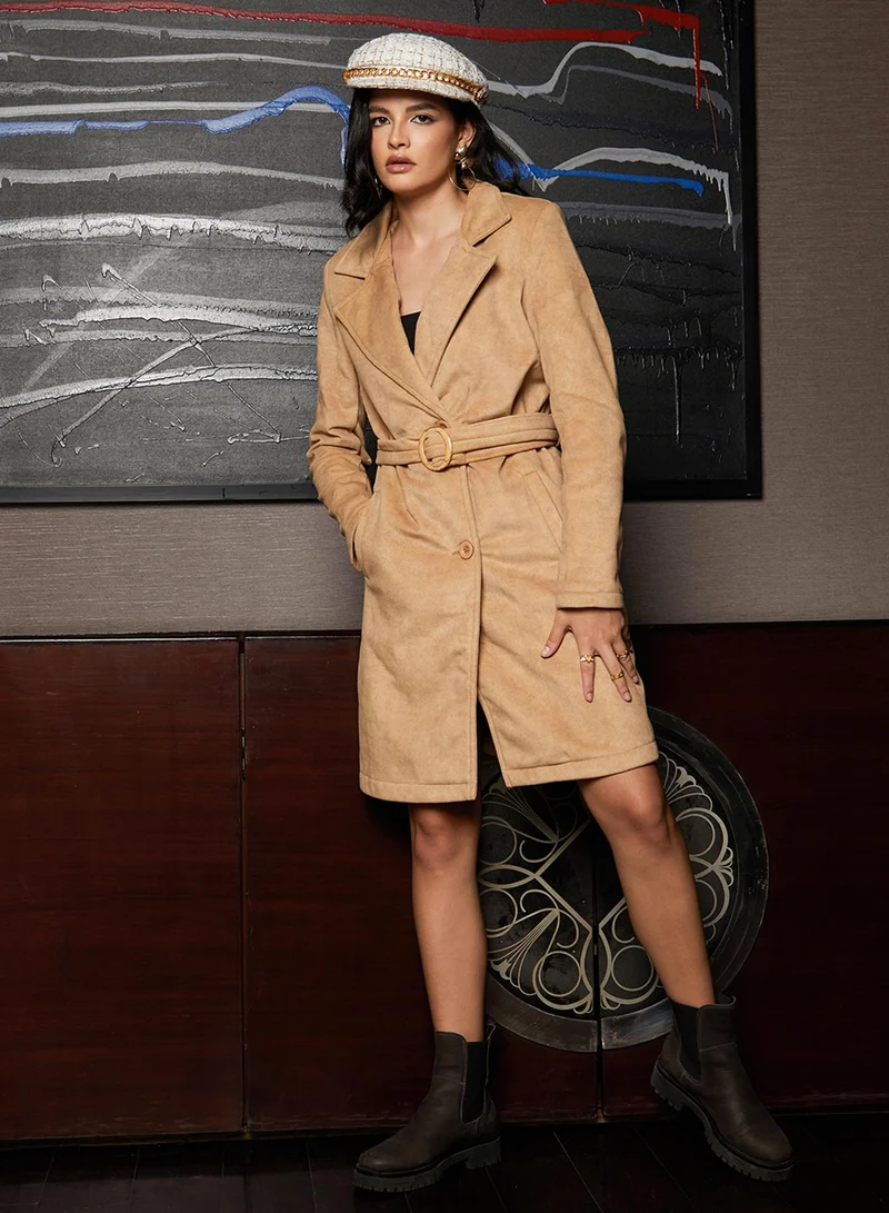 Campus Sutra Women's Buff Beige Belted Long Coat