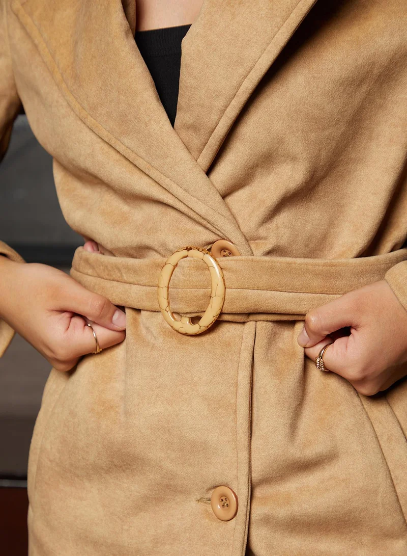 Campus Sutra Women's Buff Beige Belted Long Coat