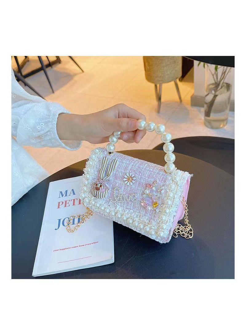 1-Piece Simulation Pearl Handle Handbag,Fashion Rabbit Heads and Cherry Blossoms Design Girls Simple Crossbody Bags,Lady Small Lightweight Carry-On Bag,Colour Pink - Image 1