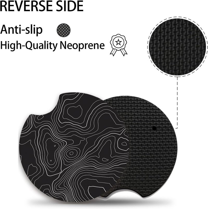 Adastrah Black Contour Map Cute Cup Holder Coasters,Car Coasters for Cup Holders,Cute Car Accessories for Women Interior, 2 Pack Absorbent Universal Neoprene Car Coasters with Finger Slot - Image 3