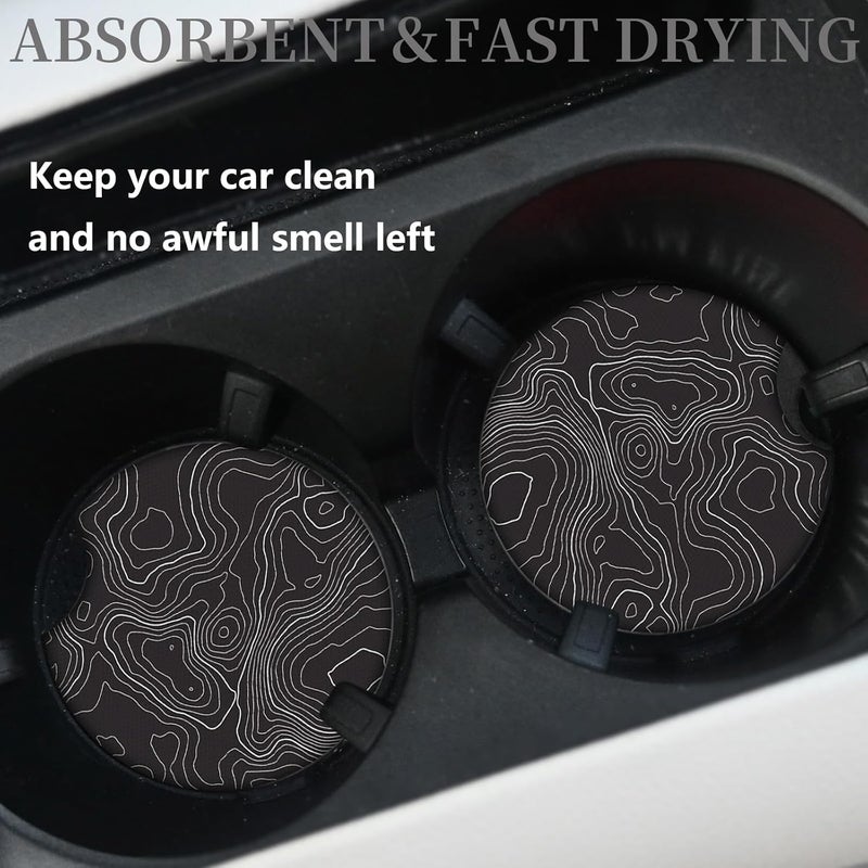 Adastrah Black Contour Map Cute Cup Holder Coasters,Car Coasters for Cup Holders,Cute Car Accessories for Women Interior, 2 Pack Absorbent Universal Neoprene Car Coasters with Finger Slot - Image 5