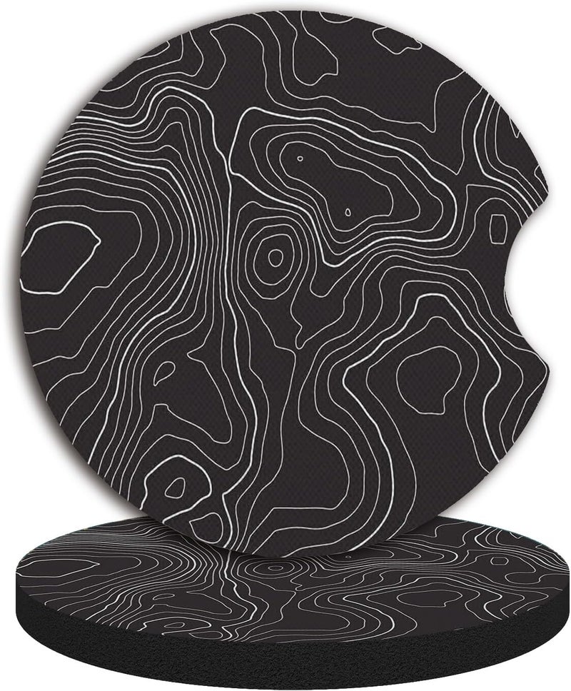 Adastrah Black Contour Map Cute Cup Holder Coasters,Car Coasters for Cup Holders,Cute Car Accessories for Women Interior, 2 Pack Absorbent Universal Neoprene Car Coasters with Finger Slot - Image 1