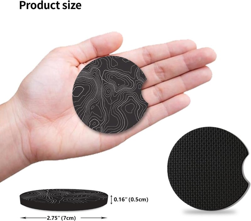 Adastrah Black Contour Map Cute Cup Holder Coasters,Car Coasters for Cup Holders,Cute Car Accessories for Women Interior, 2 Pack Absorbent Universal Neoprene Car Coasters with Finger Slot - Image 4