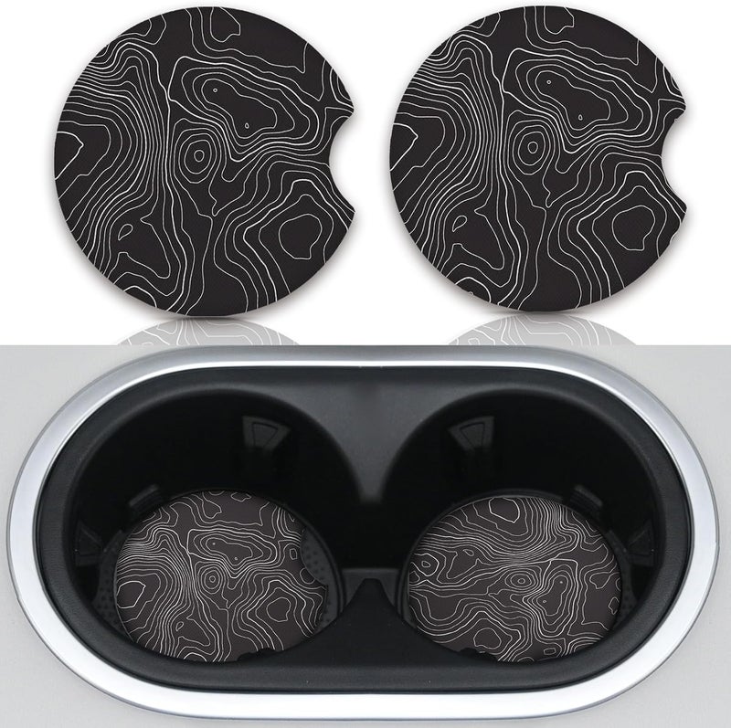 Adastrah Black Contour Map Cute Cup Holder Coasters,Car Coasters for Cup Holders,Cute Car Accessories for Women Interior, 2 Pack Absorbent Universal Neoprene Car Coasters with Finger Slot - Image 2