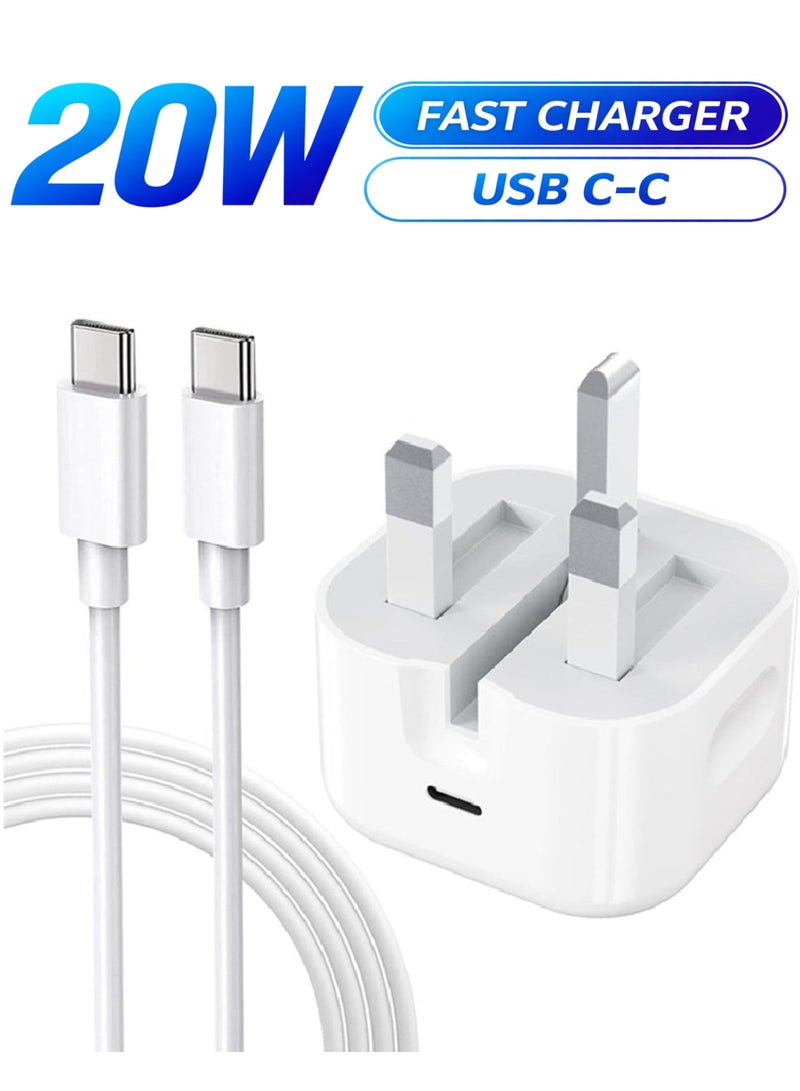 شاحن بقوة 20 واط لأجهزة آيفون 17 برو ماكس و16/15 برو ماكس، مزود بمنفذ USB-C وكابل شحن سريع بطول 1 متر من النوع C إلى C، متوافق مع أجهزة آيفون 17/16/15 برو ماكس/15 برو/15 بلس/15، وسامسونج S24، وجميع الهواتف والأجهزة اللوحية المزودة بمنفذ USB-C.