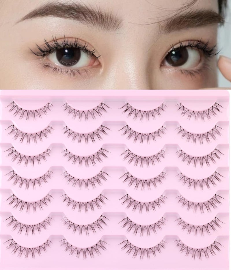 Kiromiro False Lashes Natural Look Short False Eyelashes Wispy 100% Handmade Clear Band Lashes Cat Eye Korean Faux Mink Strip Eyelashes Pack 14 Pairs - Image 1