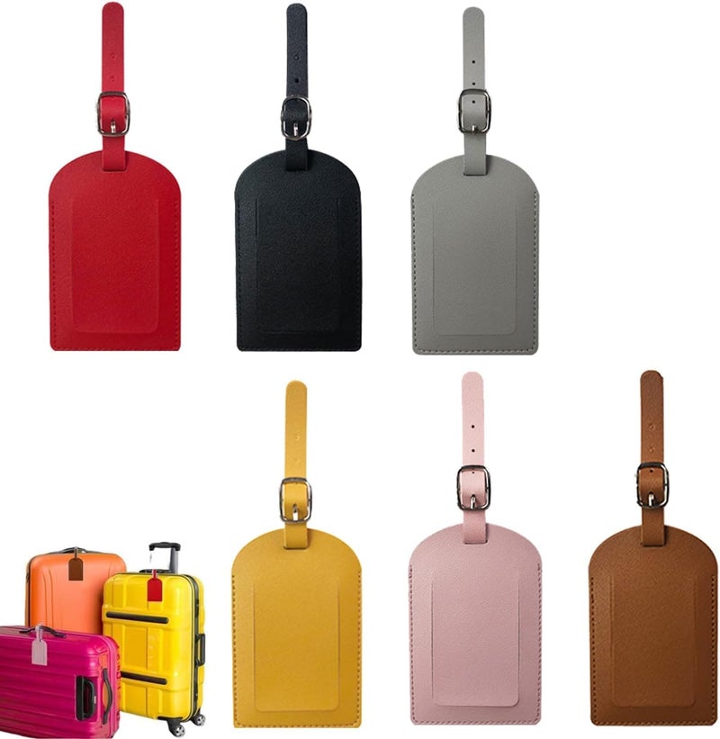 Fashion Mania 6 Pcs Multicolor PU Leather Luggage Tags, Rectangular Suitcase Travel Bag Baggage Labels with Adjustable Strap and Privacy Protection Cover - Image 1