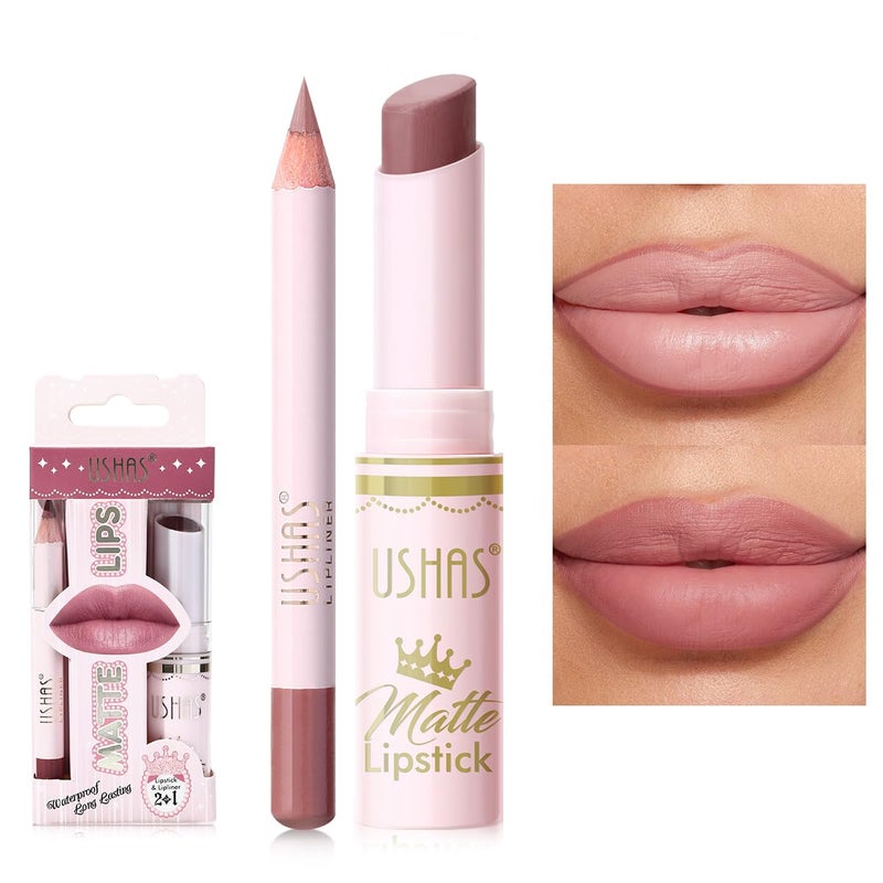 USHAS 2 in 1 Waterproof Lipstick and Lip Liner Combo Set - Long Lasting Matte Lipstick Pen with Lip Liner Set Makeup Kits (S9, Pack of 1) - Image 1