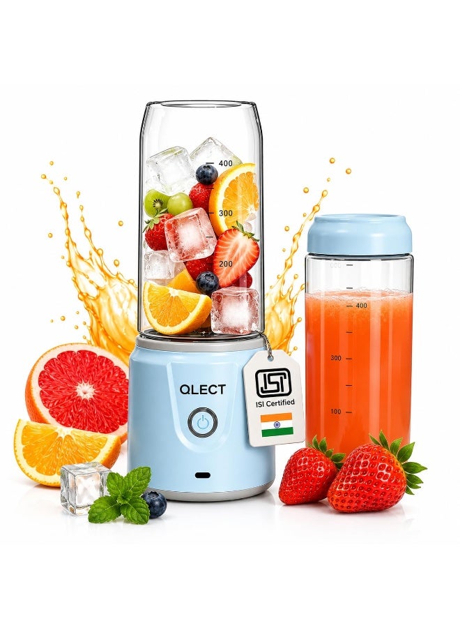 QLECT 70W Portable Blender & Juicer | 2400mAh Rechargeable USB Mini Mixer for Smoothies, Shakes, Gym Protein Shaker, Fruit Juices & Baby Food | 420ml x 2 Jars | Made In india ISI Certified (Blue) - Image 1