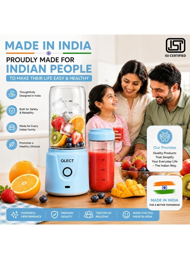 QLECT 70W Portable Blender & Juicer | 2400mAh Rechargeable USB Mini Mixer for Smoothies, Shakes, Gym Protein Shaker, Fruit Juices & Baby Food | 420ml x 2 Jars | Made In india ISI Certified (Blue) - Image 2