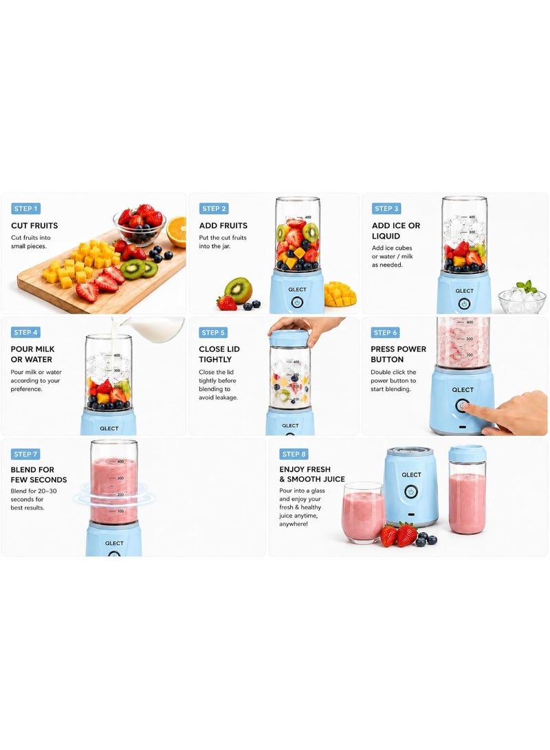 QLECT 70W Portable Blender & Juicer | 2400mAh Rechargeable USB Mini Mixer for Smoothies, Shakes, Gym Protein Shaker, Fruit Juices & Baby Food | 420ml x 2 Jars | Made In india ISI Certified (Blue) - Image 3