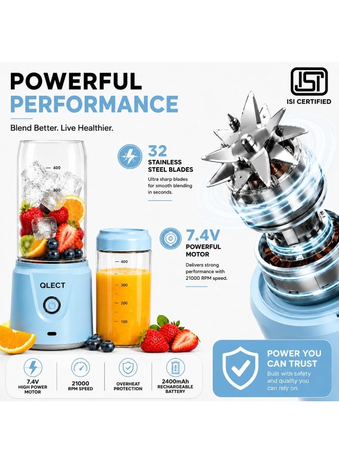 QLECT 70W Portable Blender & Juicer | 2400mAh Rechargeable USB Mini Mixer for Smoothies, Shakes, Gym Protein Shaker, Fruit Juices & Baby Food | 420ml x 2 Jars | Made In india ISI Certified (Blue) - Image 4