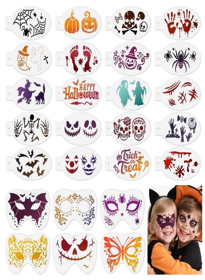 HOWAF قوالب طلاء الوجه HOWAF 26 قطعة للهالوين، قوالب طلاء وجه جمجمة وخفاش وعنكبوت، قوالب طلاء الجسم، قوالب رسم الأشباح والهياكل العظمية لحفلة عيد الهالوين وزينة المكياج - Image 1