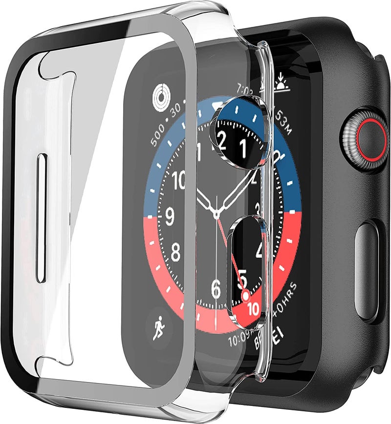 Misxi 2 Pack Hard PC Case with Tempered Glass Screen Protector Compatible with Apple Watch SE 3 (2025) SE 2 SE Series 6 Series 5 Series 4 44mm, Overall Shockproof Protective Cover for iWatch, 1 Black + 1 Transparent - Image 1