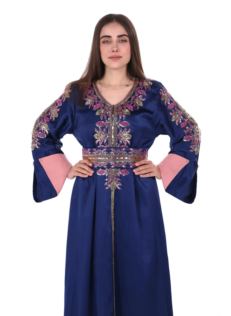 AL BENT AL SHARQIEH Navy Blue women belted satin jalabiya dress for Women | Best Price UAE