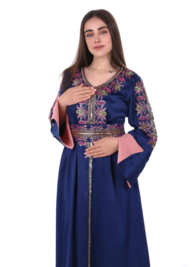AL BENT AL SHARQIEH Navy Blue women belted satin jalabiya dress for Women | Best Price UAE