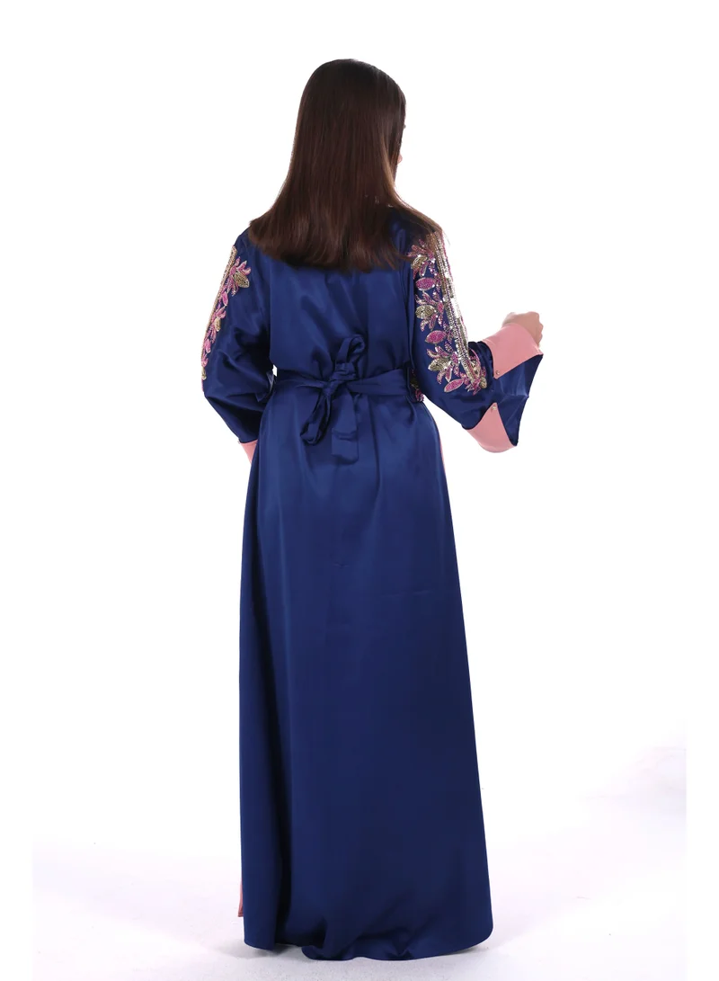AL BENT AL SHARQIEH Navy Blue women belted satin jalabiya dress for Women | Best Price UAE