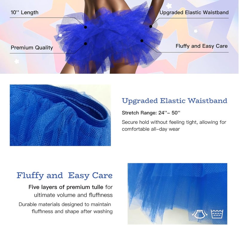 Phantomon Tutu Skirt Women's Teens Classic Elastic 5 Layered Tulle Ballet Skirt, 1950s Vintage Style Short Skirt, Adult Size - Image 4