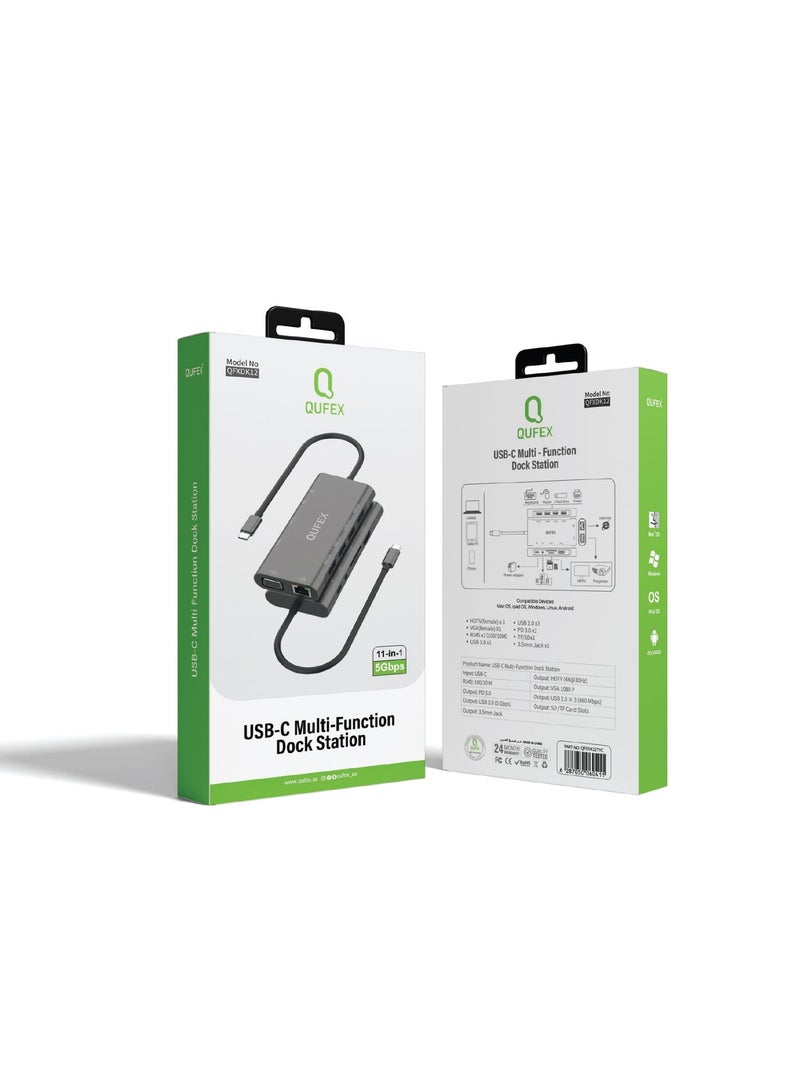كيفكس محطة إرساء QUFEX متعددة المنافذ 11 في 1 بمنفذ USB-C مع HDMI بدقة 4K وUSB 3.0 وإيثرنت وشحن سريع PD بقدرة 100 واط وقارئ بطاقات SD/TF لأجهزة ماك بوك واللابتوب - Image 3