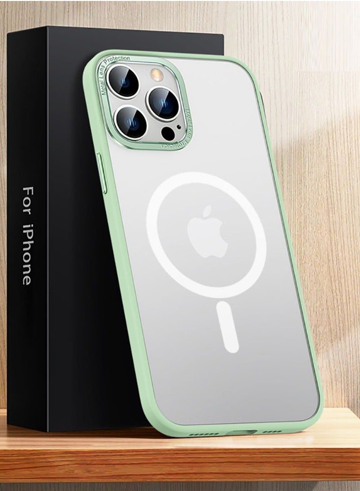 Color Fans Magnetic Case for iPhone 14 Pro Max 6.7 inch Shockproof Metal Lens Frame Clear Matte Cover Green - Image 1