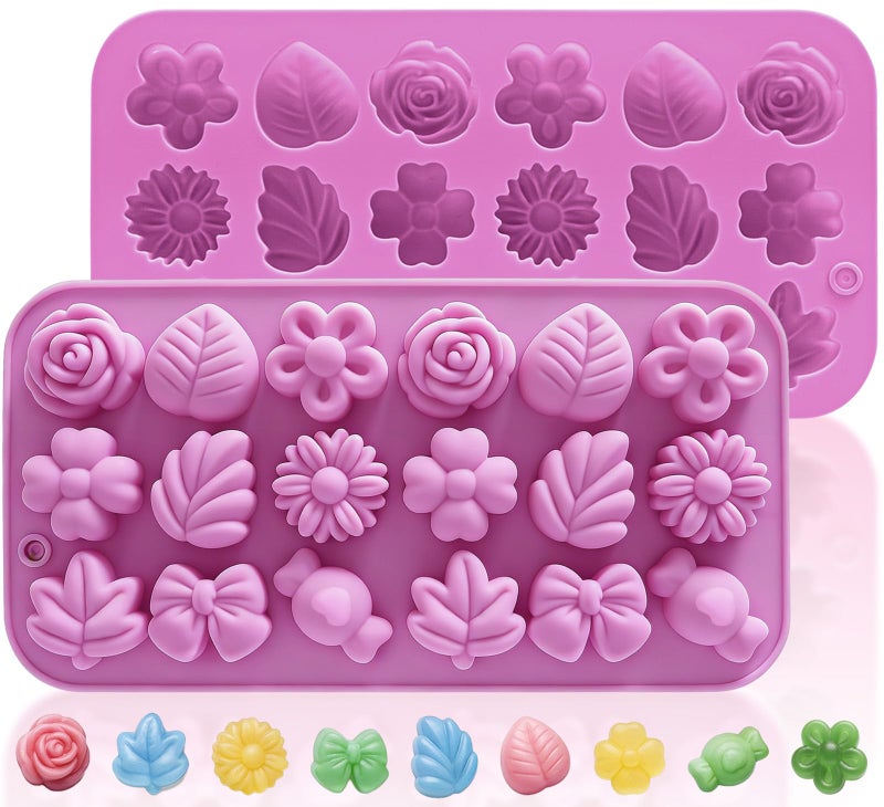 HKNMTT Flower Candy Molds Silicone, Small 9 Shapes Bite Size Chocolate Gummy Jello Gelatin Spring Cute Bow Rose Leaf Dessert Wax Melt Ice Cube Moulds Food Grade Treats Making Oven Safe Kids DIY Set - Image 1