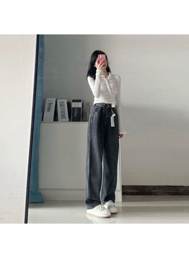 Private Brand جينز نسائي سميك مبطن بالفليس عالي الخصر بتصميم كوري عتيق فضفاض، بنطلونات طويلة مستقيمة وواسعة متعددة الاستخدامات وعصرية - Image 3